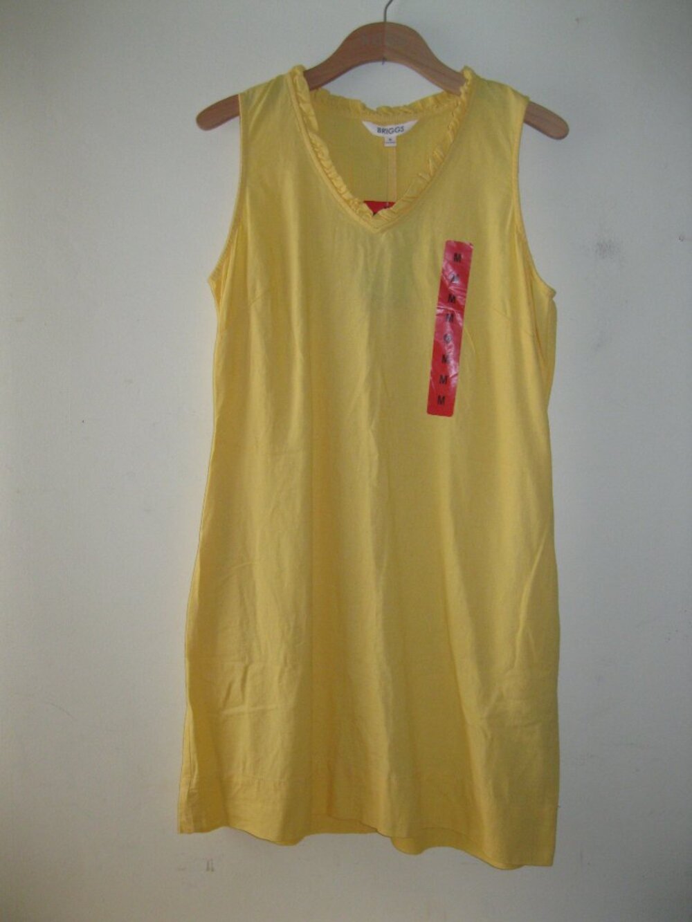 NWT Briggs Ladies Ruffle V-Neck Linen Blend Shift Dress Pockets Tan Yellow M